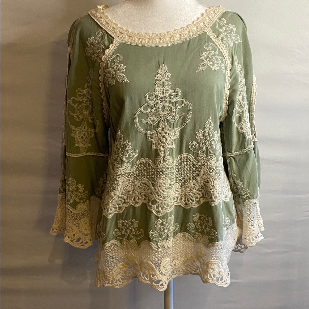 Democracy lace crochet top size XS sage green open sleeve cottage whimsy boho